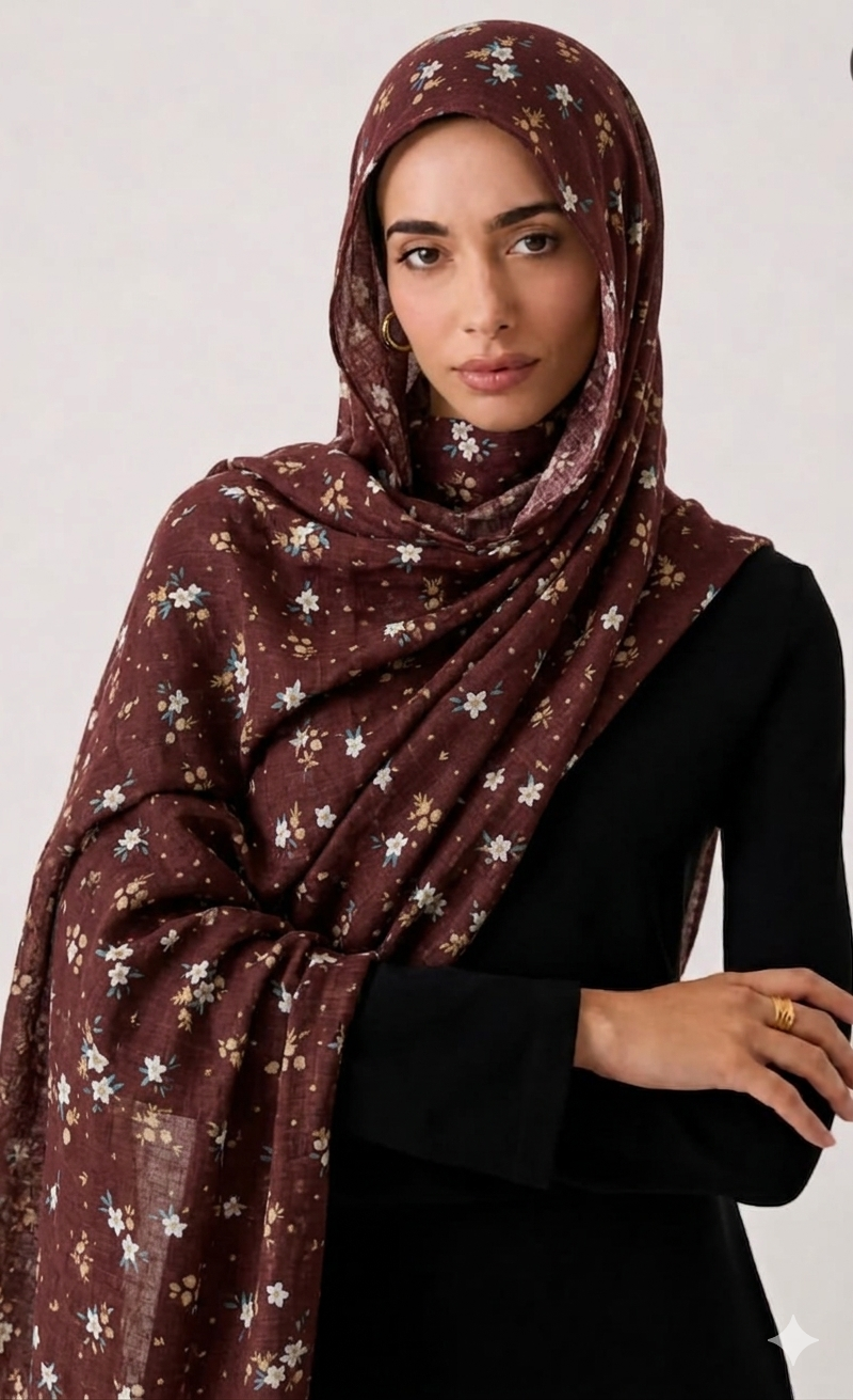 Malaysian Lawn Printed Hijab Floralvibes-Brown