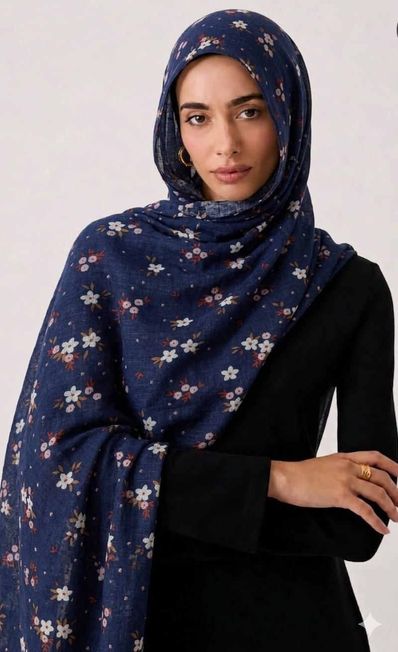 Malaysian Lawn Printed Hijab Floralvibes-Navy Blue