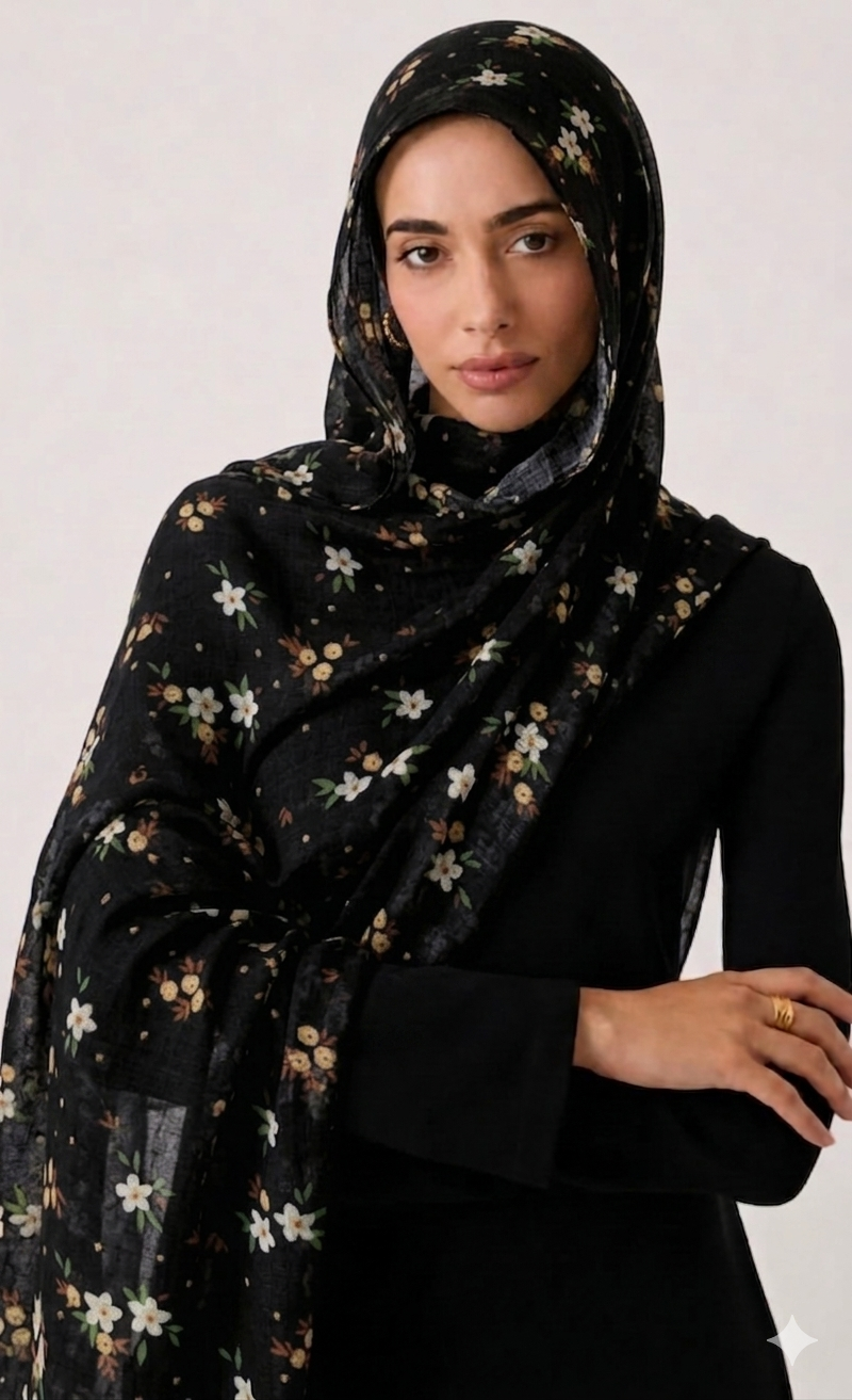 Malaysian Lawn Printed Hijab Floralvibes-Black